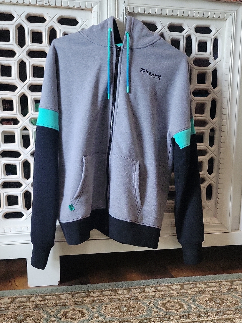 AWS re:Invent Zip-Up Hoodie in Light Gray with Teal Accents
